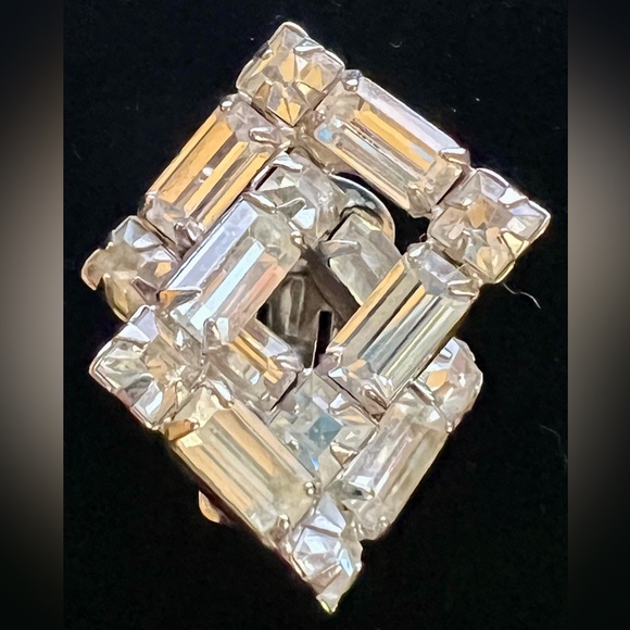 Vtg Intertwined Squares Rhinestone Art Deco Brooch Pin & Clip Earrings EUC RARE - Picture 4 of 7